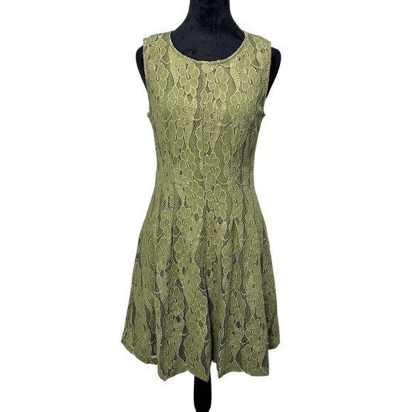 Altar'd State Dresses & Skirts - Altar'd State Lace Dress L Olive Green Floral Sleeveless Fit Flare Boho Romantic